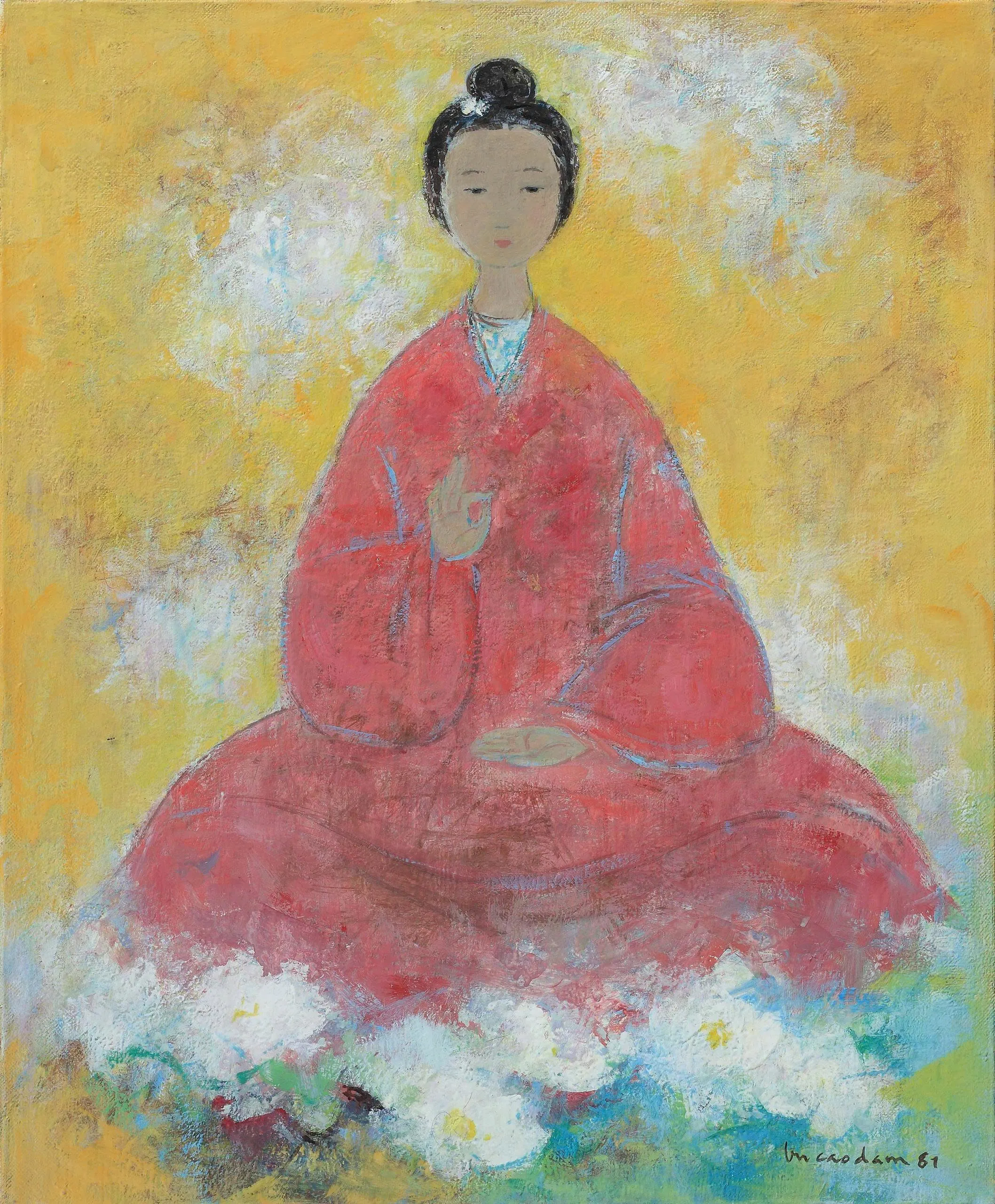 Thiếu nữ áo đỏ và hoa sen